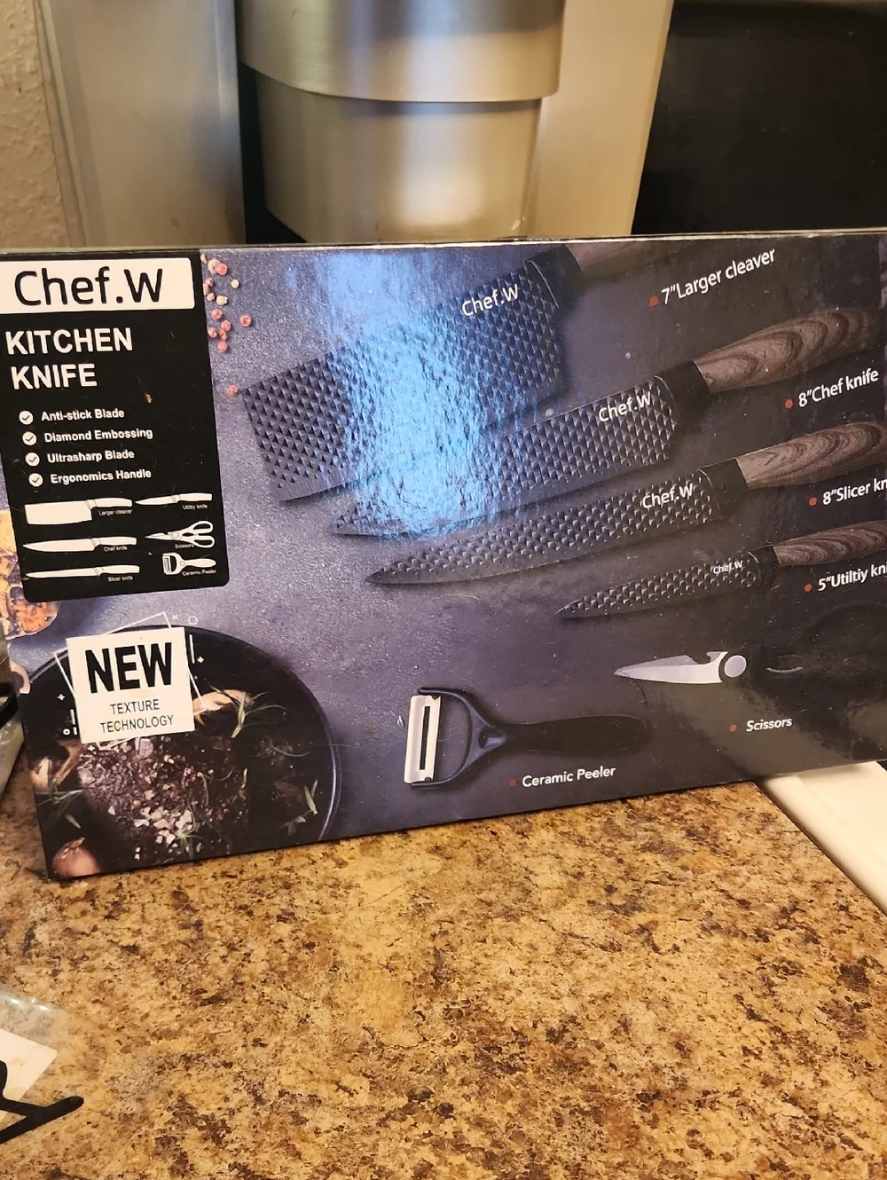 Chef. W Black Kitchen Knife Set with Ceramic Peeler 6 Piece